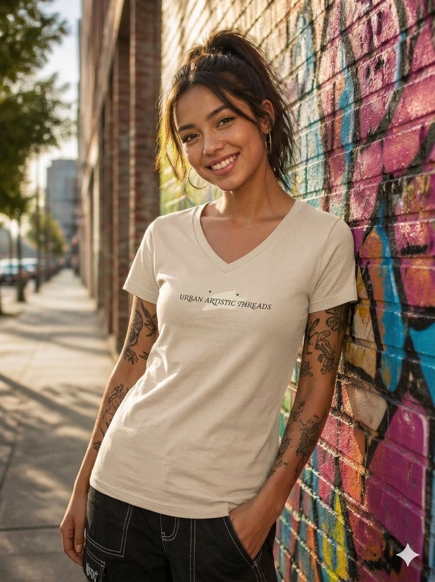 Woman wearing beige Urban Artistic Threads V-neck tee with paint-stroke emblem against graffiti wall.