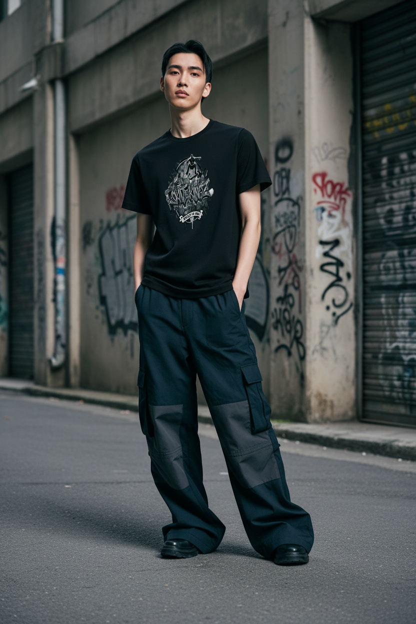 Urban Vandel Defiance On Deck black and white logo tee worn by a male model in cargo pants.