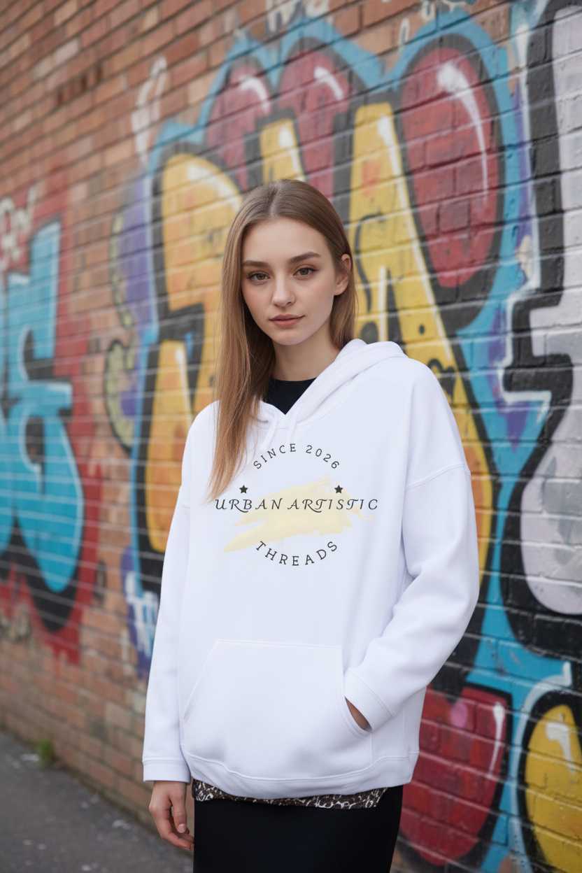 Woman in white Urban Artistic Threads hoodie against a colorful graffiti wall, urban streetwear vibe.