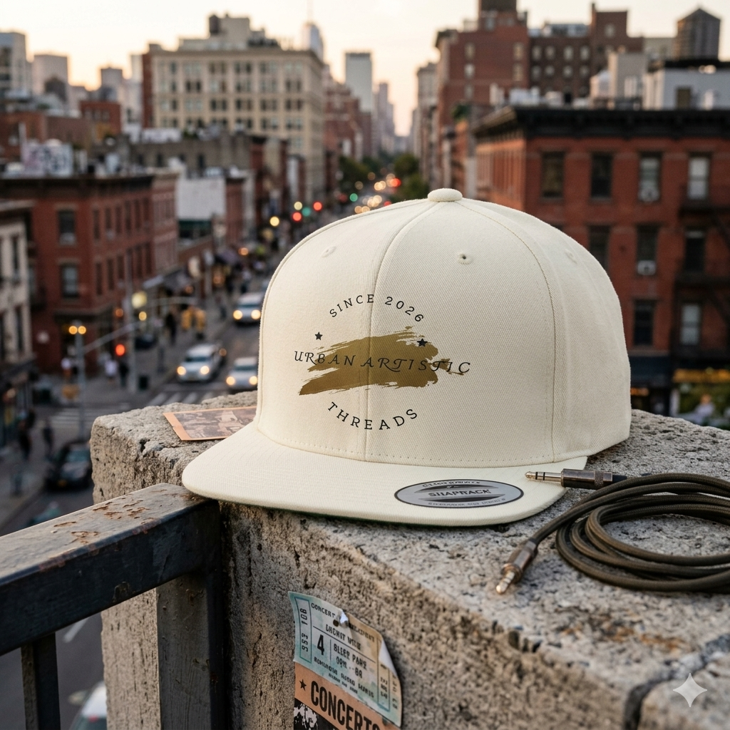 Urban Artistic Threads Premium Snapback Hat in beige with front emblem on a city rooftop.