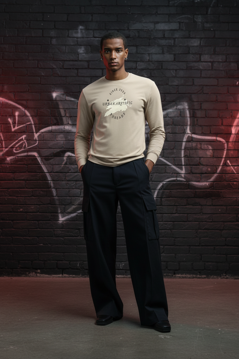 Male model in beige Urban Artistic Threads Signature Logo Long Sleeve Tee with circular logo; navy cargo pants.