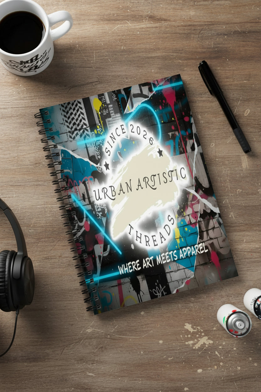 Urban Artistic Threads Signature Spiral Note Pad, 165 pages, 5.9x8.2 in, with front and back urban design on a desk.