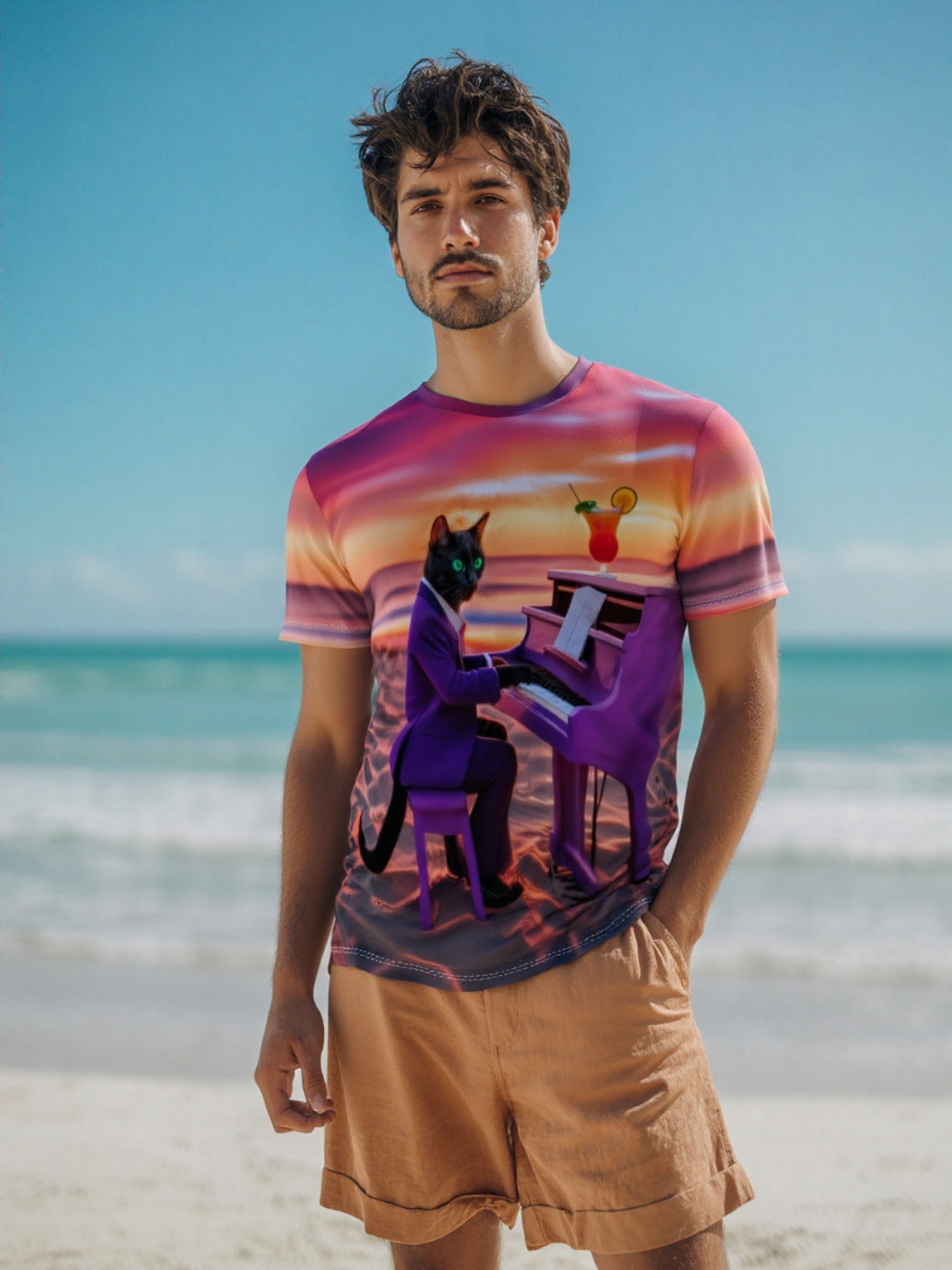 Sunset Piano Cat All-Over Print Tee features a black cat at a purple piano on a sunset beach.