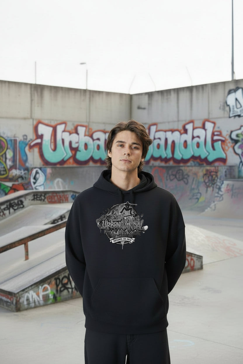 Urban Vandel: Defiance On Deck Black And Gray Logo Hoodie worn by a model at a graffiti skate park.