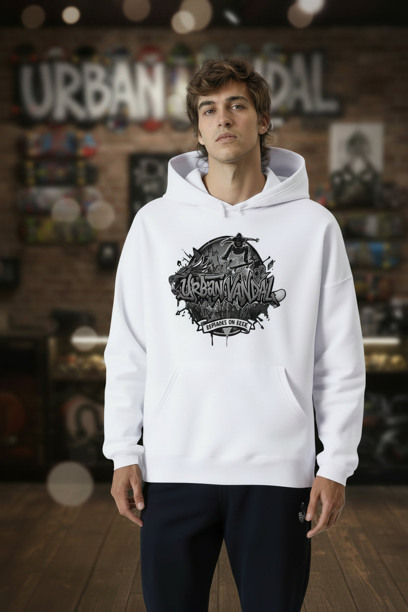 Urban Vandel Defiance On Deck black-and-white hoodie with graffiti logo on front, worn by a male model.