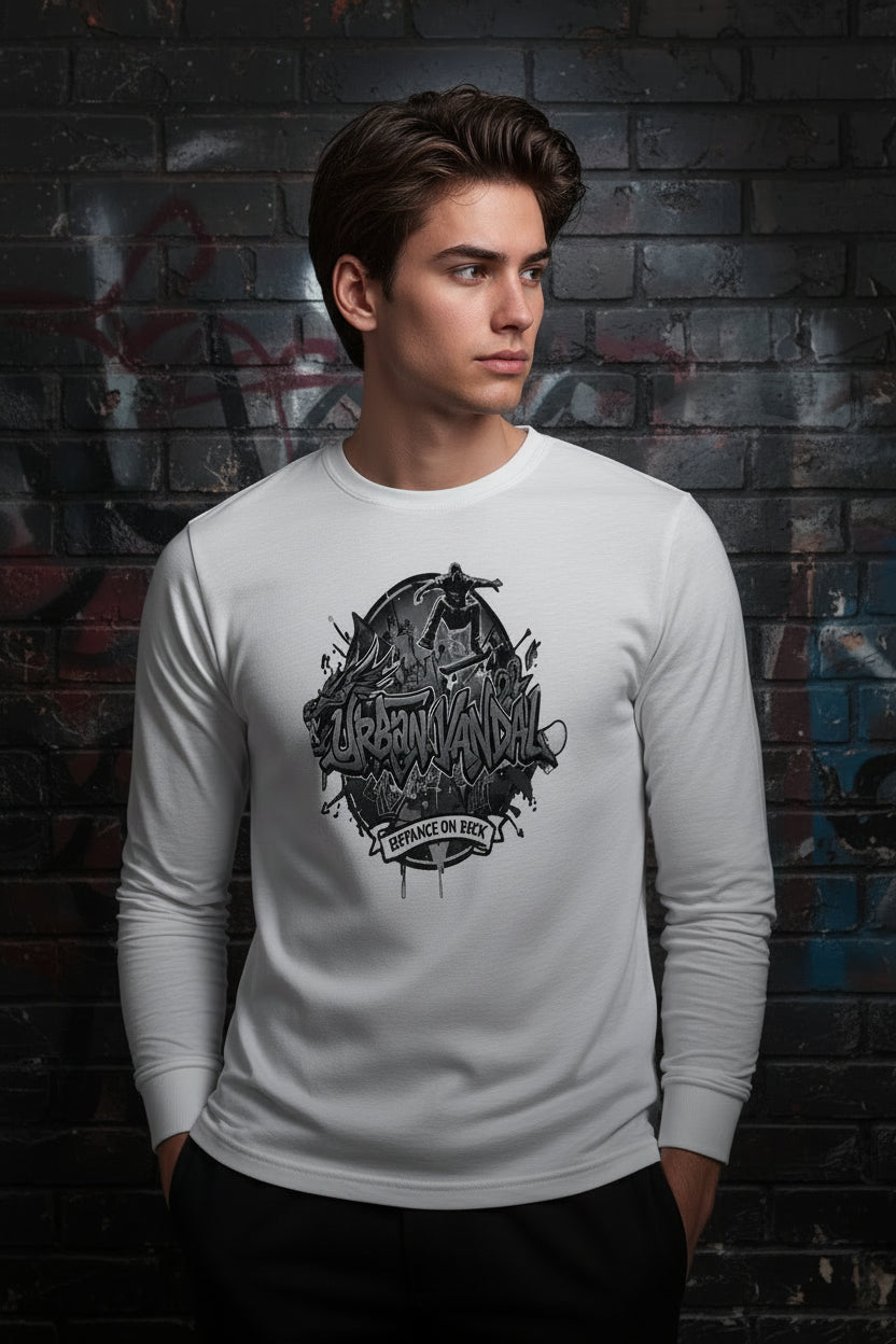 Urban Vandel Defiance On Deck white long-sleeve tee with black graffiti logo on a male model.