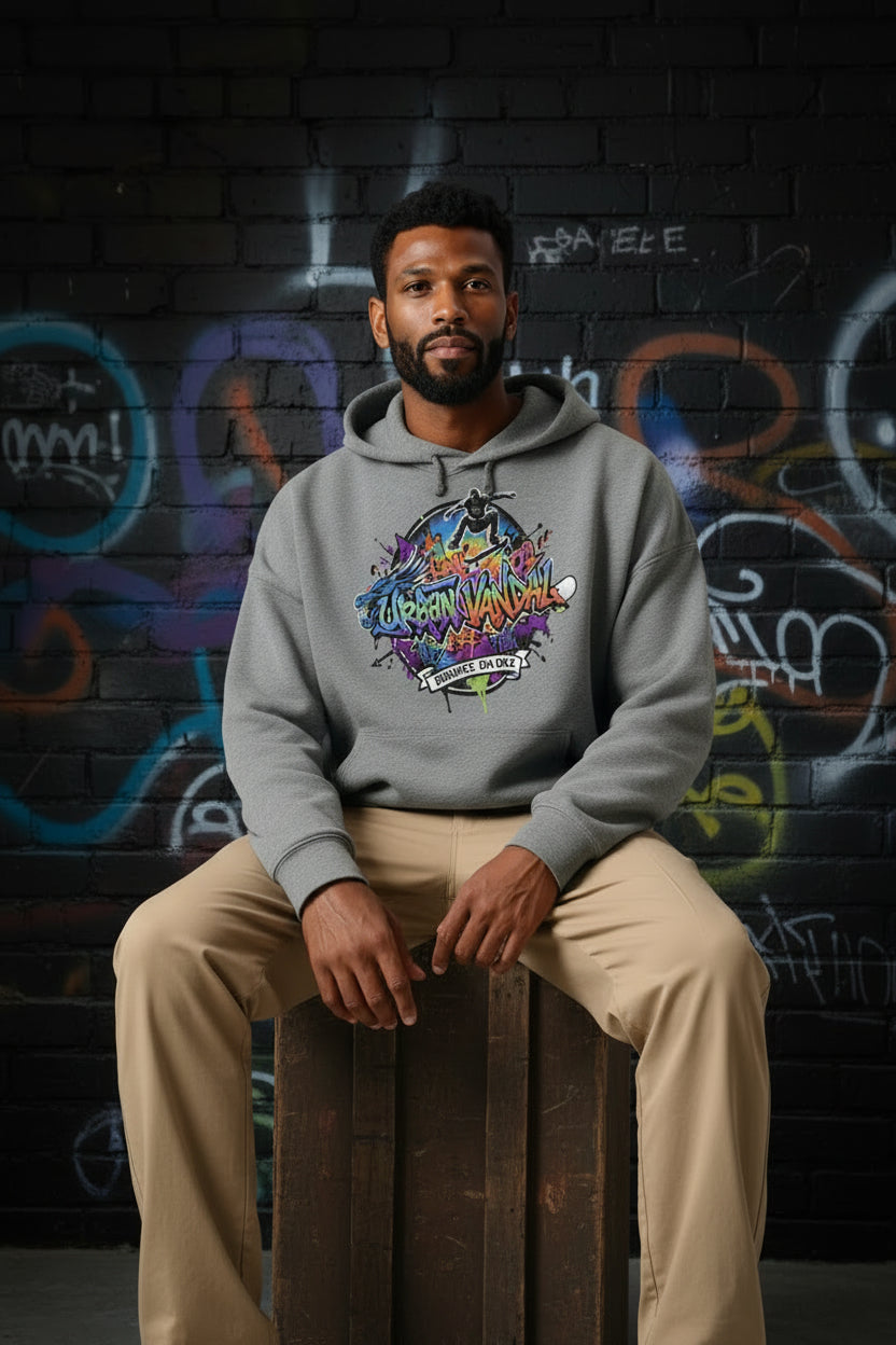 Man wearing gray Urban Vandel: Defiance on Deck Hoodie with colorful graffiti logo, urban skater style.