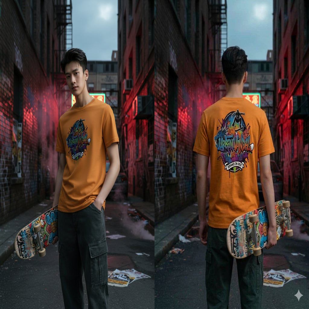Man holding skateboard wears orange Urban Vandal Defiance on Deck tee with graffiti graphic front and back in urban alley.