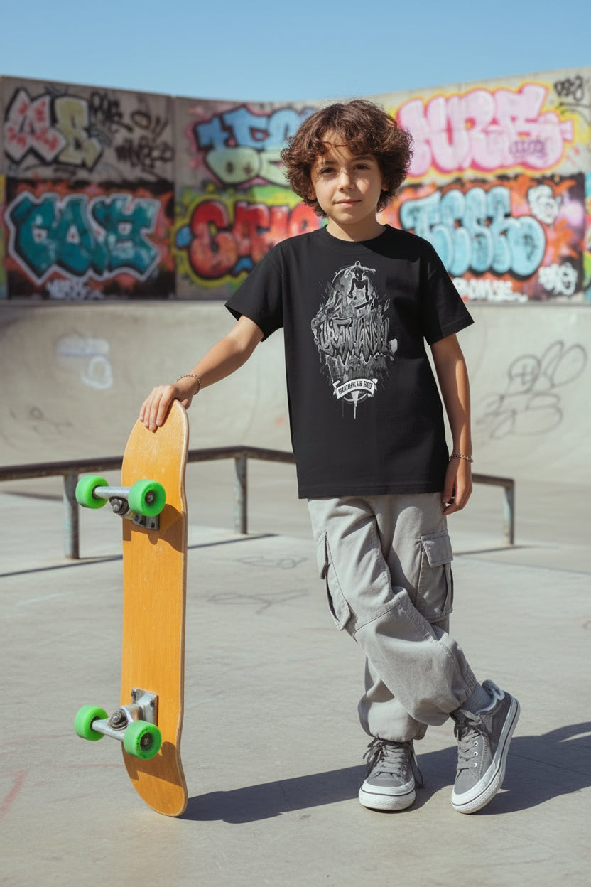 Boy wearing Urban Vandel: Defiance On Deck Youth Tee, posing with a skateboard.