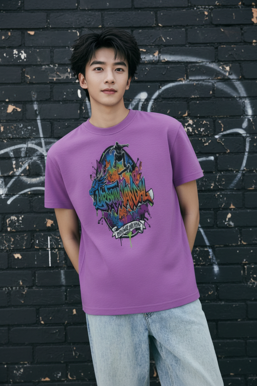 Urban Vandel Defiance On Deck skateboard youth tee worn by a young rider in purple with colorful graphic.