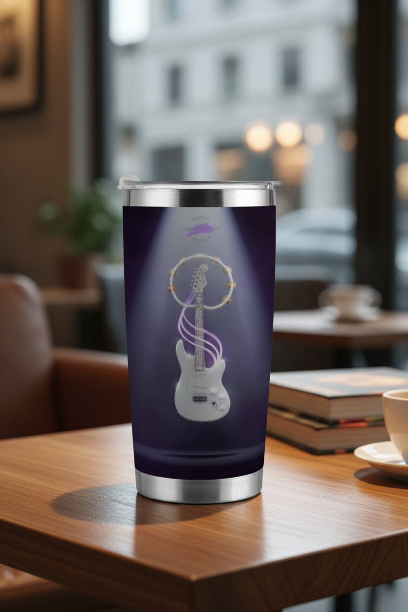 Vibe Master 20oz stainless steel travel tumbler with a full-wrap purple guitar graphic.