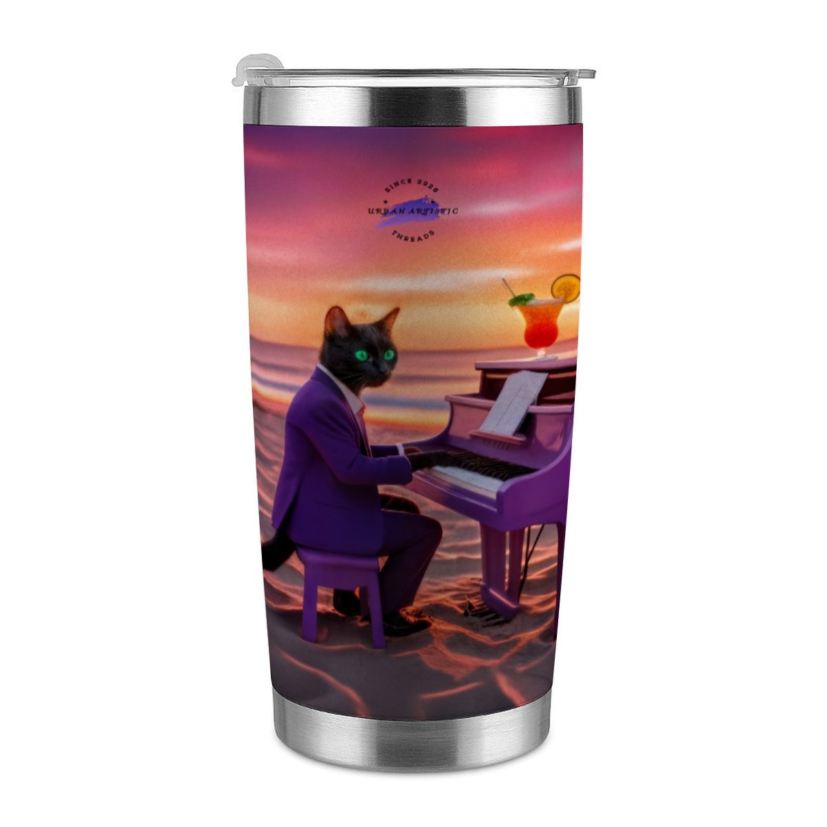 Sunset Piano Cat 20oz stainless tumbler with a black cat in a purple suit playing a purple piano at sunset on a beach.